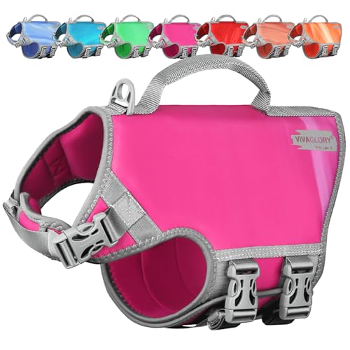VIVAGLORY Neoprene Dog Life Vest, Dog Life Jacket for Swimming & Boating, Lightweight & Buoyancy for Puppy Doggy, Swimming Vest with Handle, L, Raspberry Pink