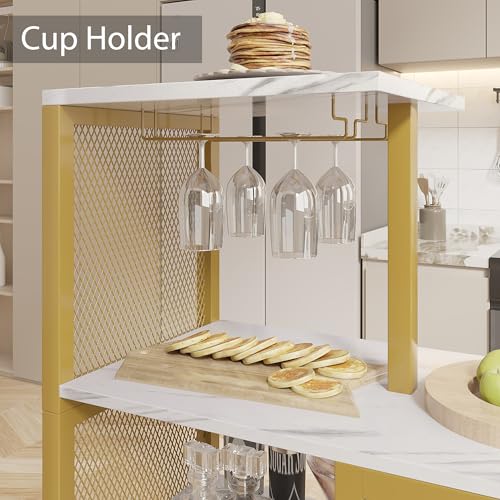 VECELO Bar Table and Chairs Set for 2, 3-Piece Dining Set with Storage Shelves, Cup Holder & Wine Rack, PU Leather Cushion Stools, for Kitchen Small Space, Gold