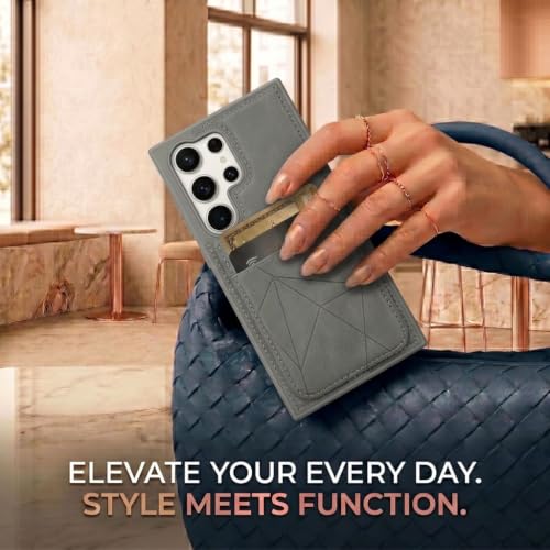 Image of amazon basics Premium Vegan Leather Back Cover with Card Holder and Integrated Mobile Stand for Samsung Galaxy S24 Ultra 5G - Slim Shockproof Wallet Case with Geometric Stitching [Gray]