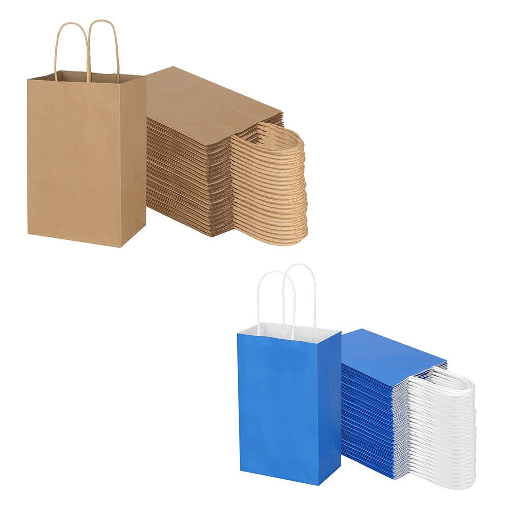 Toovip Each 100 Pack Small Brown & Blue Kraft Paper Gift Wrap Bags with Handles Bulk