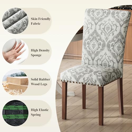 Image of COLAMY Upholstered Parsons Dining Chairs Set of 6, Fabric Dining Room Kitchen Side Chair with Nailhead Trim and Wood Legs - Grey /White Flower