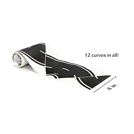 PlayTape Road Tape Curves for Toy Cars - Sticks to Flat Surfaces; No Residue; 1 Roll of 12 Curves, 4 in. Wide