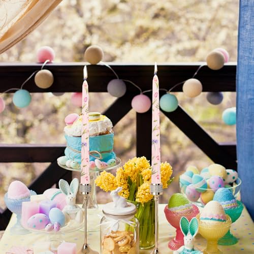 Stabkerzen Bedruckt, 25cm Tafelkerzen konische Kerzen, Tropffrei Brenndauer 7 Stunden Kerzen Geeignet für Kerzenständer Tischdekoration Nachmittagstee Dekoration 2 Stück (Hellrosa Tulpen)