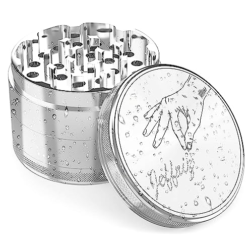 Grinder Ervas secas alumínio anodizado cinzento prateado 4 peças | moinho grande e leve manual CNC metal tabaco especiarias não adesivo peneira fina pólen Kief | Ø 63 mm, caixa de presente premium |
