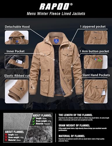 Image of Rapoo Men's Winter Jacket Cotton Work Military Jackets Fleece Lined Thick Warm Cargo Coats with Hooded