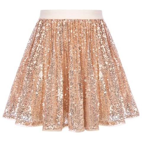 GRACE KARIN Girls Sequin Skirt Elastic Waist Sparkle Pleated Skirt 10-12Y, Rose Gold Cover
