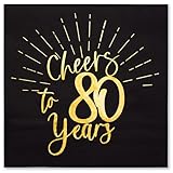 WRAPAHOLIC 50Pcs 80th Birthday Napkins - 3-Ply Disposable Paper Cocktail on Napkin, Black and Gold Foil Cheers to 80 Years - 5 x 5 In