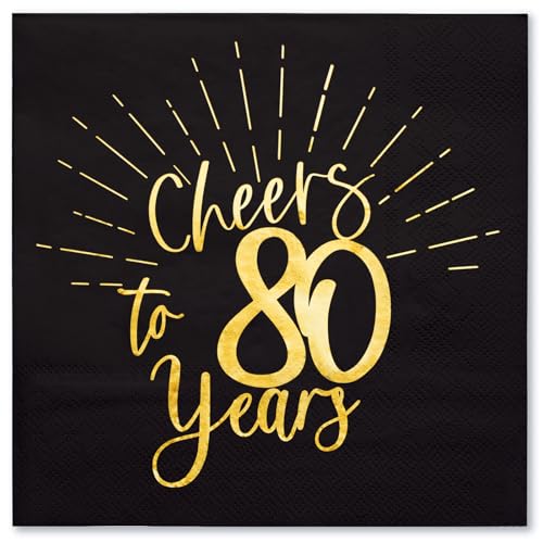 WRAPAHOLIC 50Pcs 80th Birthday Napkins - 3-Ply Disposable Paper Cocktail on Napkin, Black and Gold Foil Cheers to 80 Years - 5 x 5 In