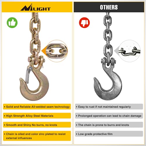 Image of Nilight 3 /8 inch X 35 inch Trailer Safety Chain 2pcs Grade 70 Towing Chain with Clevis Snap Hooks 26400lbs Break Strength use for Trailer, RV,and Boat Towing and Gooseneck Couplers