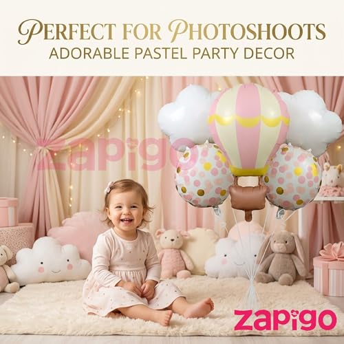 Image of Balloonistics Pink Hotair Balloon And Clouds 1St Birthday Pink Cloud Theme Happy Birthday Balloon Bouquet Pack Of 5