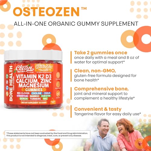 Osteo Zen Vitamin D3 K2 Gummies Bone Support Magnesium Zinc Calcium Quercetin Boron Choline Red Clover Turmeric 60 Count Tangerine Tang Flavor for Skeletal Strength & Resilience by Clean Nutra - Image 8
