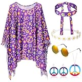 Belle combinaison: la cape hippie adopte des couleurs vives et des vêtements doux, et il existe 2 styles différents de bandeaux, vous pouvez choisir de les assortir à volonté; Les lunettes hippies rétro colorées, le collier et les boucles d'oreilles avec le symbole de la paix mettent directement en valeur le tempérament rétro