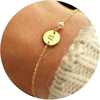 Gold Initial Bracelets for Women - Personalized Gold Bracelets for Women Teen Girls Initial Pearl Bracelets for Girls Gifts Disc Monogram Bracelets Gold Jewelry for Women Teen Girl Gifts