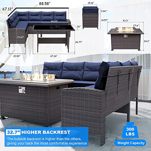 Kullavik 8 Pieces Outdoor Patio Furniture Set Wicker Rattan Dining Sofa Outdoor Sectional Conversation Set With 43" 55000Btu Gas Fire Pit Table,Navy Blue #TOP2