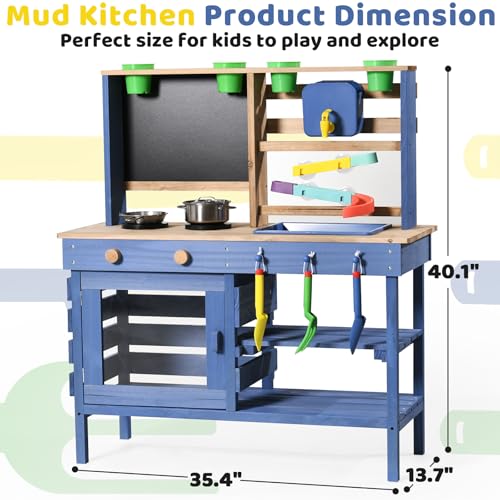 Wooden Outdoor Mud Kitchen for Kids, Pretend Play Kitchen Playset with Removable Sink, Faucet, Stove Top, Planting Area & Cooking Accessories, Toddler Gift for Boys Girls Ages 3+ (Blue) - image 2