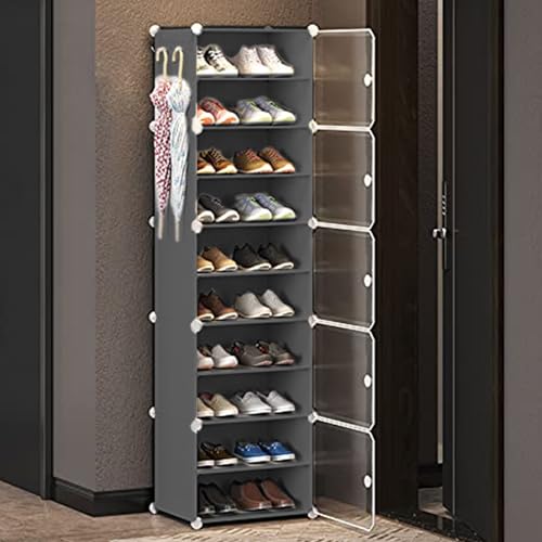 Image of Zemic DIY Portable Shoe Rack for Home Plastic Shelves Household, Shelf Shoe Rack with Dustproof Door for Heels /Slippers /Boots for Entryway or Bedroom (Grey, 10-Shelf-5-Door)