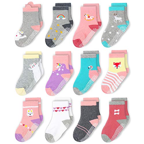 CozyWay Toddler Girls Non Slip Cotton Crew Socks Anti Skid With Grips 12 Pairs for Kids Children Boys 1-3 Years