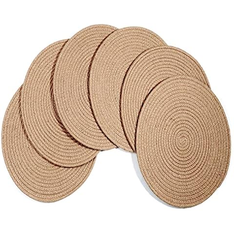 WENFOME Jute Woven Placemats Set of 6, Round Braided Tablemats 13.8 inch Natural Jute Plat Chargers Handmade Woven Placemats Heat Resistant Non-Slip Potholder for Table Decoration Cover