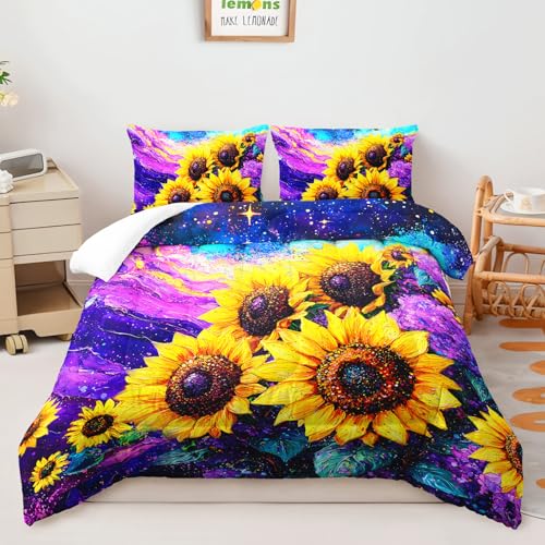 Image of AILONEN Oil Sunflower Printed Queen Size Comforter Set for Kids Teens Girls Women,Yellow Floral Purple Bedding Set for All Season Use,1 Quilt and 2 Pillowcase