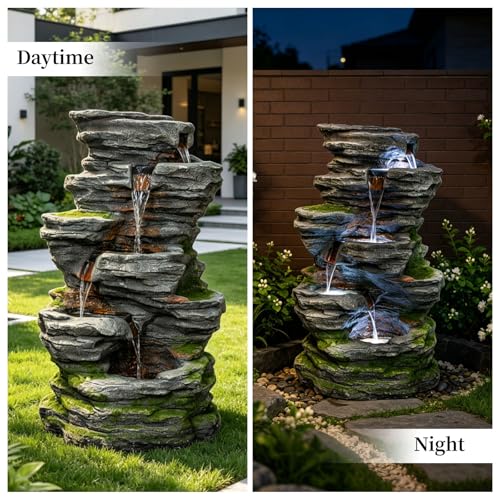 Image of 5-Tier Rock Outdoor Water Fountain, Resin & LED Light, 40.2 in