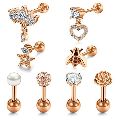 VF VFUN 16G Cartilage Earrings Stainless Steel Mix Style Pendent Stud Helix Tragus Earring for Women Men Ear Piercing Jewelry 8PCS - Rose Gold Cover
