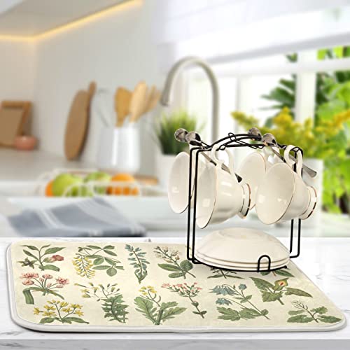 Flower Herbs Dish Drying Mat For Kitchen Counter Decor 18X24 Inch Absorbent Reversible Wild Plant Dish Mat Microfiber Drying Pad Sage Leaves Dish Drainer Rack Mats For Coffee Bar… #TOP4