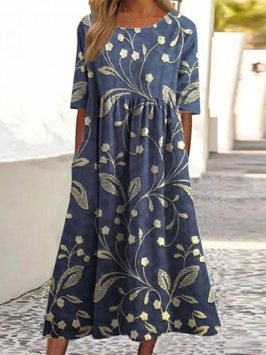 Women's Summer Boho Floral Short Sleeve Maxi Dresses Casual Loose Flowy Beach Vacation Tshirt Dress with Pockets2