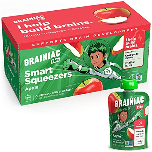 Brainiac Kids Applesauce Pouches, Apple, 20 Count, 3.2 oz. – Unsweetened Applesauce with Immune Boosting Vitamin C, Omega-3s and Choline – Healthy Snacks for Kids for School, On-the-Go