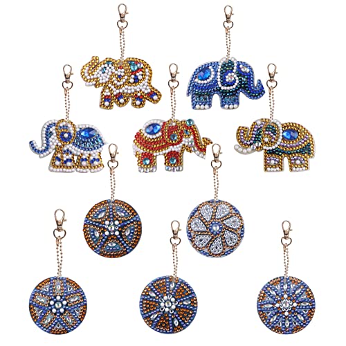 10 pièces de bricolage 5D diamant peinture porte-clés porte-clés éléphant mandala mosaïque plein diamant diamant pendentif arts et artisanat porte-clés téléphone portable charme sac pendentif Cover
