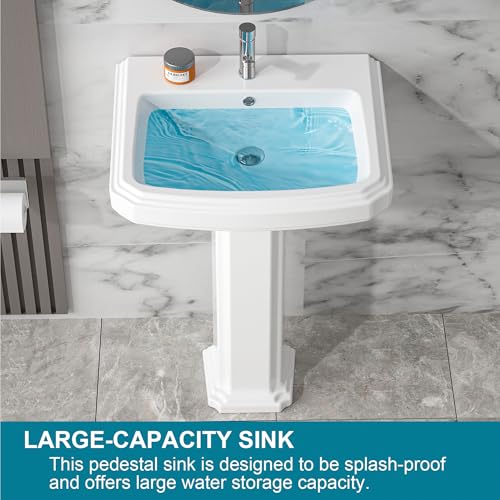 HOMLYLINK Pia de pedestal branca, 1 furo, pia de pedestal de banheiro de 58 x 48 cm, combinação de p