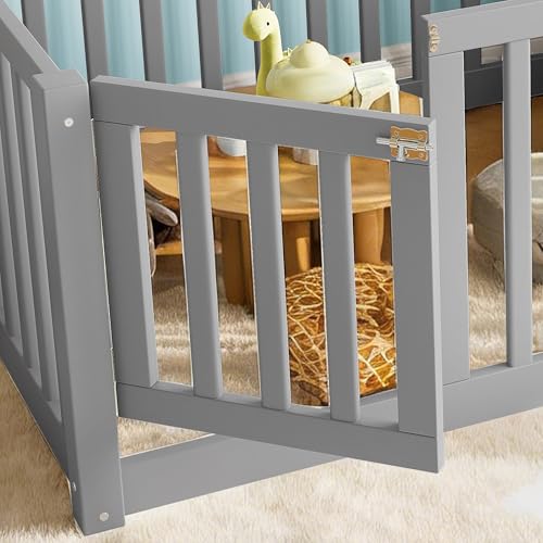 Image of Bellemave Twin Size Kids Montessori Floor Bed with Door,Solid Wood Floor Bed Frame with High Fence for Girls,Boys,Gray