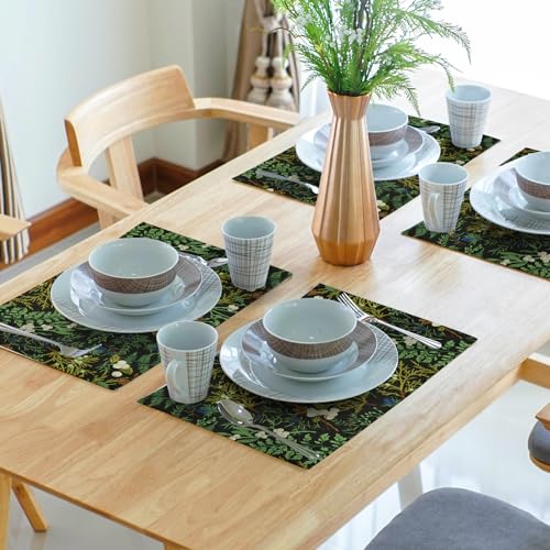 Image of Spring Green Leaves Placemats Set of 6 Botanical Fern Leaf Floral Place Mats Washable Kitchen Dining Summer Black Linen Table Mats Stain Heat-Resistant for Home Party Indoor 12x18 in