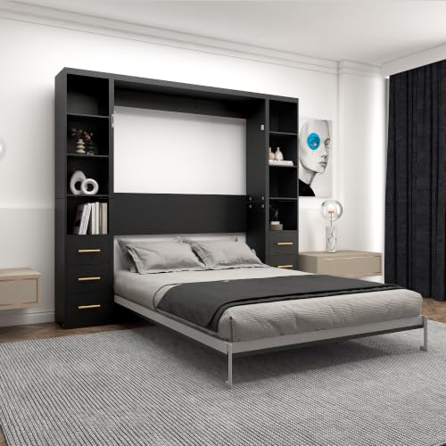 Image of KEIKI Queen Size Vertical Cabinet Murphy Bed with 2 Side Cabinet, Black | Multifunctional Foldable Hideaway Wall Metal Bed Frame, No Box Spring Needed, Easy Assembly, for Bedroom, Guest room