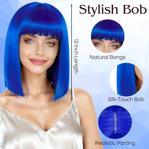 Image of PLULON Blue Bob Wig with Bangs, Short Straight Bob Wig with Heart Sunglasses 12 Inch Shoulder Length Heat Resistant Synthetic Hair for Women Natural Look Daily Use Cosplay Halloween Costume Party