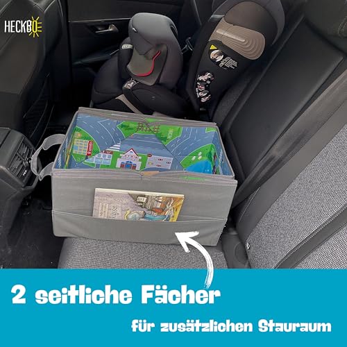 HECKBO 4-in-1 Auto Organizer und Spielteppich - Kinder Spielzeug-Aufbewahrungsbox - Faltbare Spielmatte mit Straßenmotiv - Sichere Befestigung im Auto, 91cm x 72cm