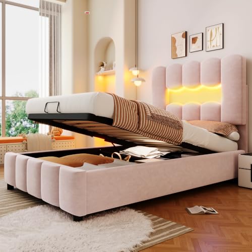 Wyibwy Letto singolo imbottito 90 x 200 cm con illuminazione a LED, letto contenitore con meccanismo idraulico, rete a doghe, testiera regolabile, velluto, senza materasso, Rosa
