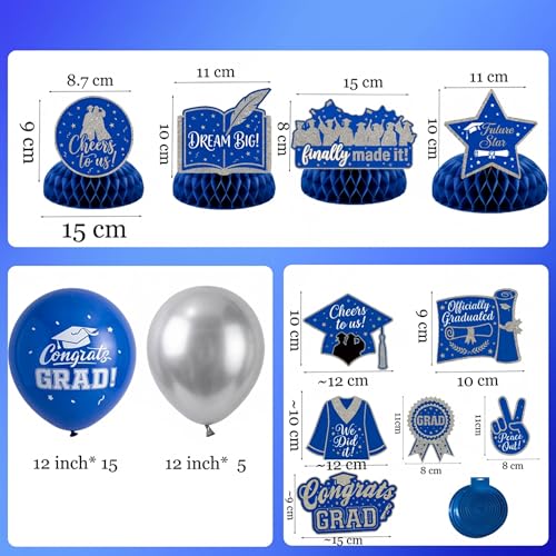 Image of Royal Blue Silver 2026 Graduation Party Decorations - Class of 2026 Grad Printed Balloons, Banner, Hanging Swirls, Table Centerpieces, Trophy Foil Balloons for College High School Graduation Prom