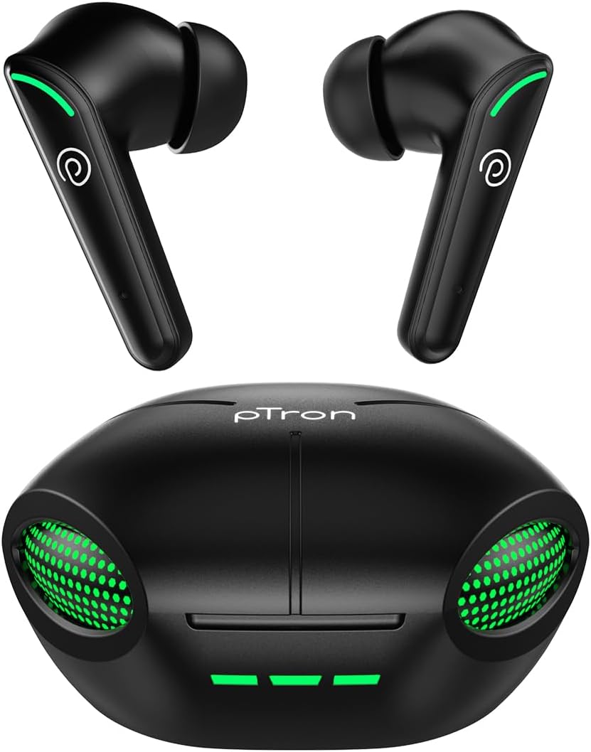 pTron Bassbuds Viper in-Ear TWS Earbuds, AptSense 40ms Gaming Latency, TruTalk AI-ENC Call, 32H Playtime, Deep Bass, BT5.3 Headphones, Touch Controls, Voice Assist, Type C Fast Charging (Jet Black)