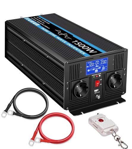 JIGUUN 1500W Inversor 12V 220V Onda Pura Inverter con Cargador 30A y Circuito Prioritario de Red y SAI，2 Tomas EU, Mando a Distancia Inalámbrico y Pantalla LCD Potencia Pico 3000W