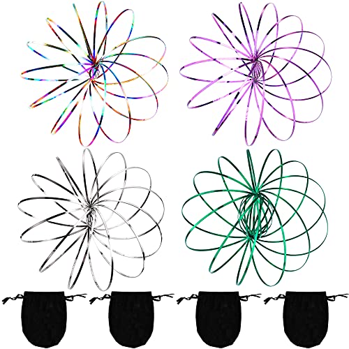 JOVITEC 4 Pieces Flow Ring 3D Spinner Ring Spring Bracelet Arm Toy for Teens Adults Games Spinning Metal Globe Slides Down Arms (Color Set 1)