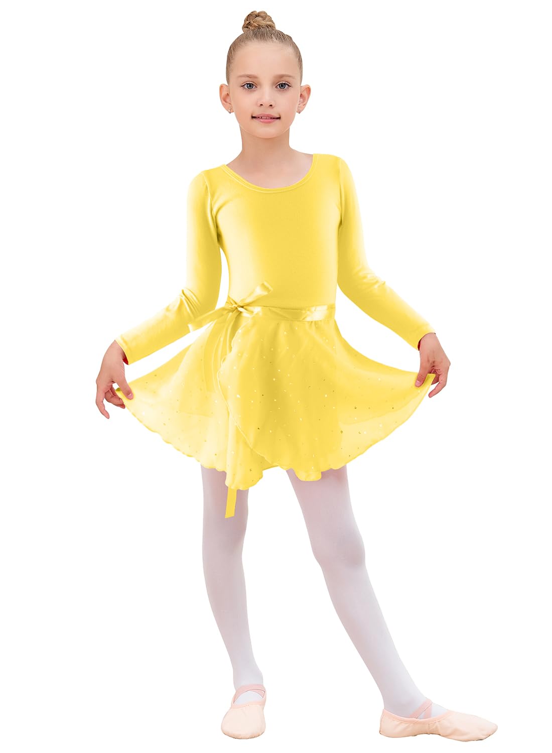 EQSJIU Justaucorps de ballet pour filles avec jupe amovible, combinaison cravate à manches volantées, tenue de danse de ballet de 2 à 12 ans