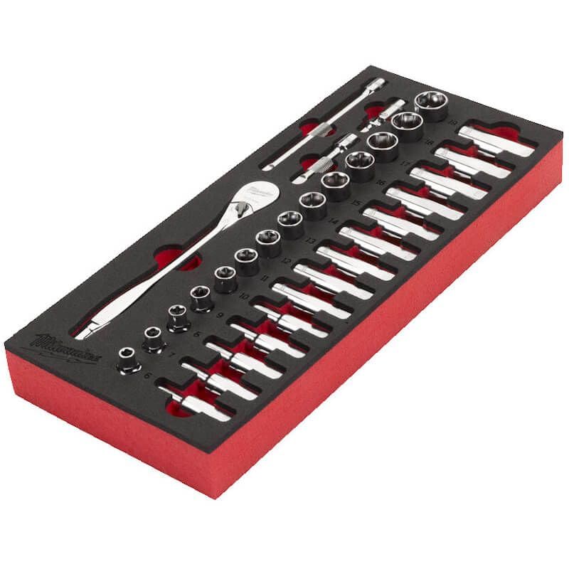 Milwaukee Set di chiavi a cricchetto da 1/2" con inserto in schiuma per carrello da officina da 76 cm, 28 pezzi