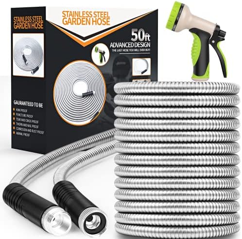 Unywarse 304 Stainless Steel Metal Garden Hose 50ft, Heavy Duty Water Hose with 10 Function Nozzle Flexible, Lightweight, Kink Free & Tangle Free, Pet Proof, Puncture Proof Hose for Yard, Outdoor