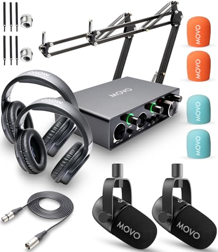 Movo Podcast Equipment Bundle for with USB Audio Interface and CastMic  Dynamic Podcast Microphone Bundle with Mic Boom Arms and Headphones for