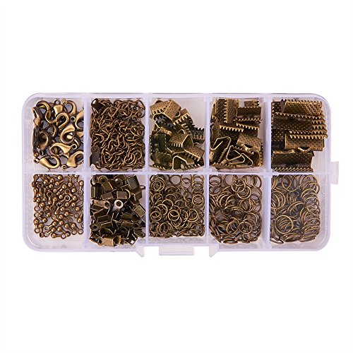 PH PandaHall About 440Pcs Jewelry Findings Sets with Fold Over Crimp Ends Ribbon Ends Twist Chains and Brass Lobster Claw Clasps Antique Bronze