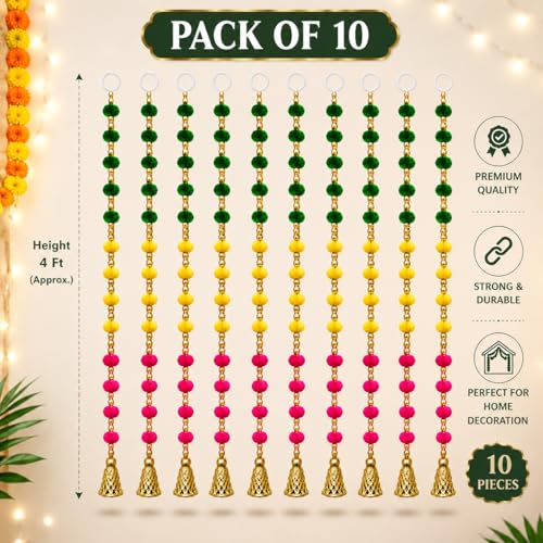 Image of BindianPom Pom Beads & Golden Bell Toran for Main Door, Pack of 10 Door Hanging Decorative Items, Home Decor Wall Hanging Decoration, Pooja Room Decor, Festival Decoration