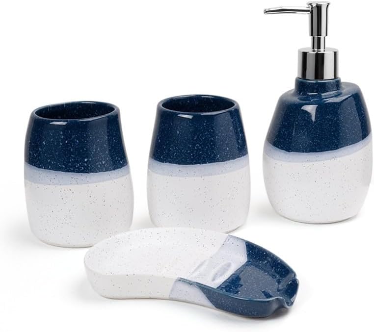 Ceramic Bathroom Accessories Set of 4 Gradient White and Blue Washing Set 2 Gargle Cups,1 Soap Dishes,1 Lotion Dispenser Ideas Home Gift for Ware Home Decor