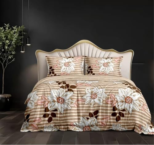 Image of DECOMIZER 240 TC Microfiber Soft Cotton Printed Single Bed Bedsheet for Diwan Bed, Size 60 Inches X 90 Inches, 152 X 230 cm with 1 Large Size Pillow Covers -BeigeCoffeeLineFlower