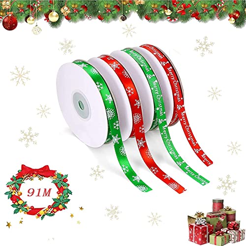 PTBWS Ruban Cadeau Noel,Ruban de Noël 4 Rouleaux de 91 mètres,Ruban de Noël Rouge Vert, pour Emballage de Cadeau de Noël, Mariage Cover