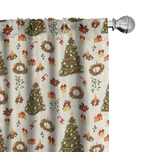 Ambesonne Christmas Window Curtains Pack of 2, Fir Tree Garland and Bells Ornaments Xmas Themed Cartoon Seasonal Holiday, Lightweight Set with Rod Pocket, 4 Panels of - 28" x 63", Beige